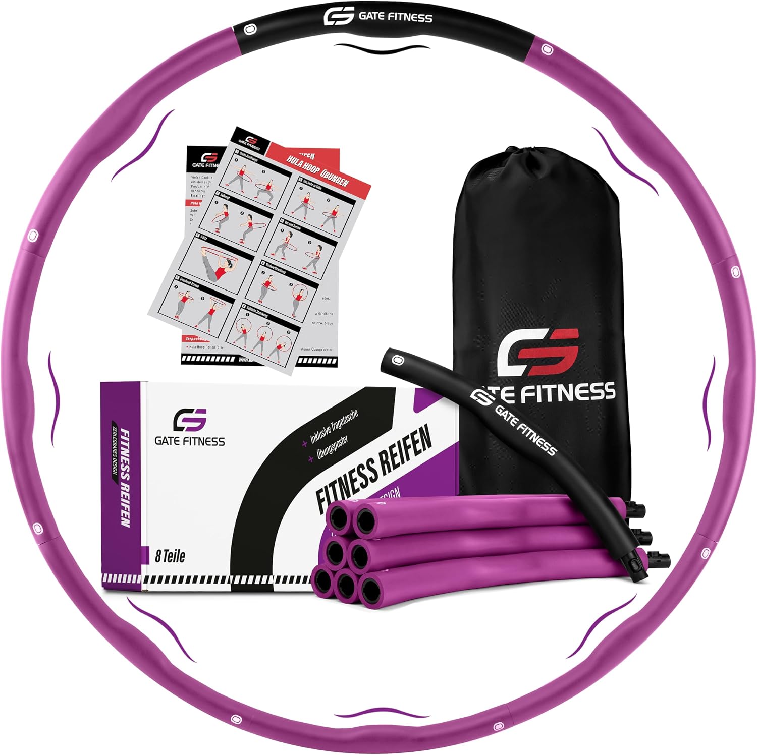 Detalle de GATE FITNESS Hula Hoop Reifen für Erwachsene & Kinder (1,2 / 1,5 / 2 kg) mit 6–8 Segmenten und Schaumstoffpolster
