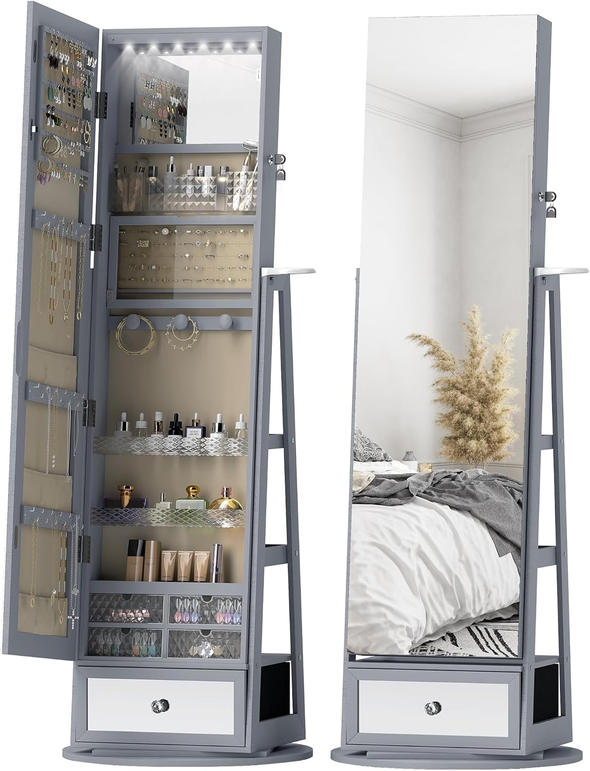 Detalle de HOMCOM espejo joyero con luces LED y armario giratorio 360° (gris claro y beige)
