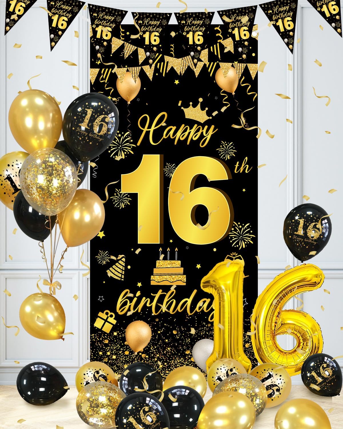 Thumbnail 2 de 16th Birthday Decorations Black & Gold Kit with Balloons, Banner and Triangle Flag Bunting