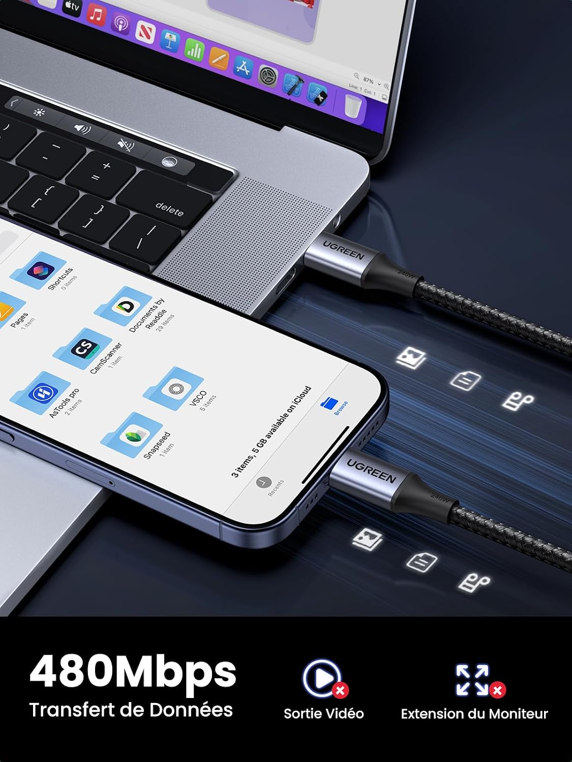 Thumbnail 3 de UGREEN USB-C-kabel van 2 m, 240 W, PD 3.1 en gevlochten nylon