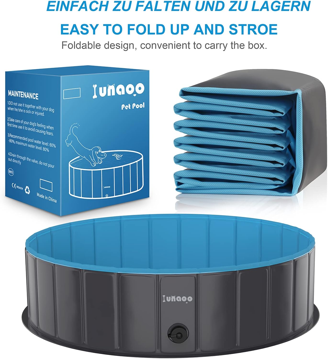 Thumbnail 3 de lunaoo Dog Paddling Pool Foldable Pet Swimming Pool (120 x 30 cm) – portable PVC dog bath tub, light blue