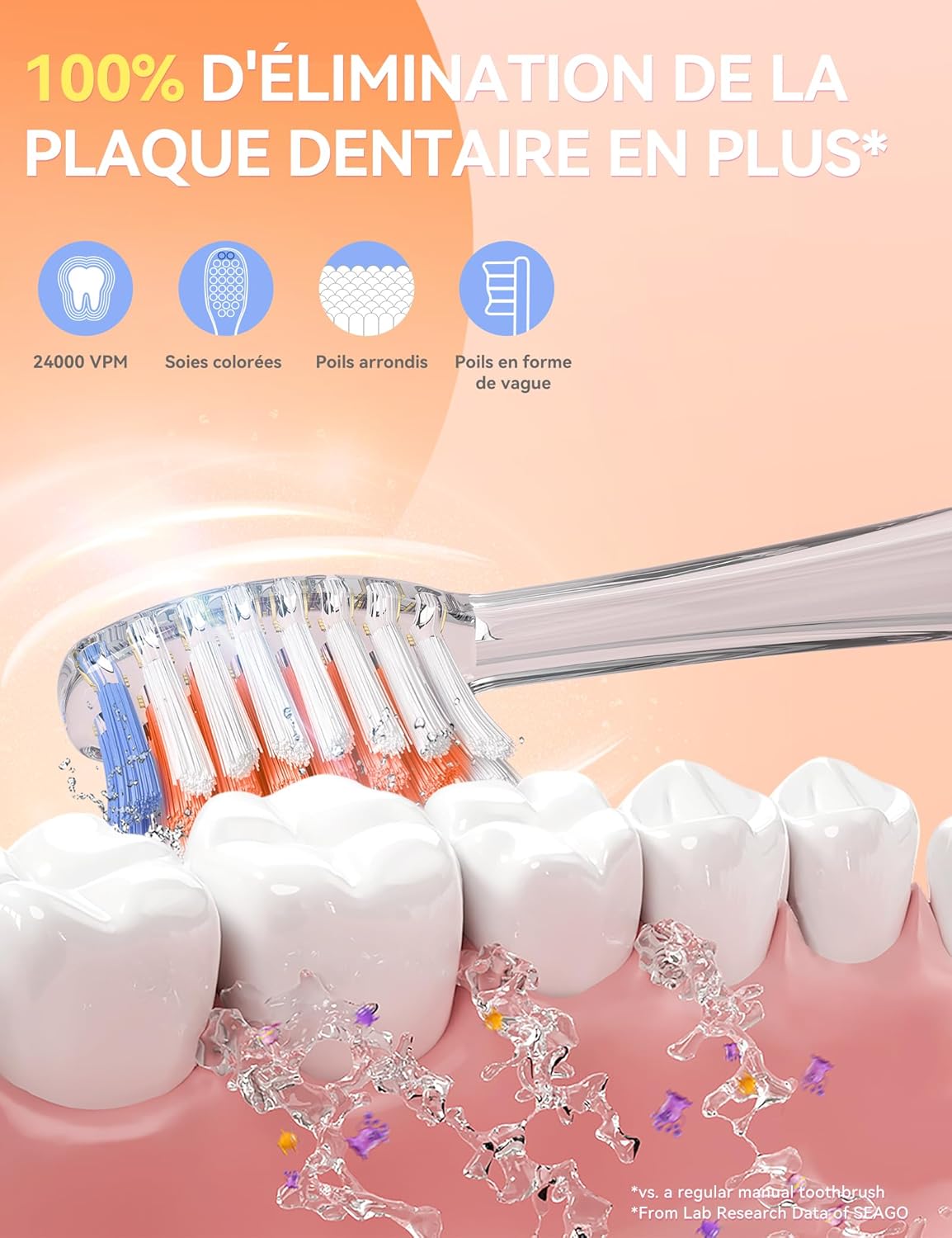 Thumbnail 2 de seago SG977 brosse à dents électrique enfant (3-12 ans) avec LED colorées, minuteur 2 min et 4 têtes de rechange