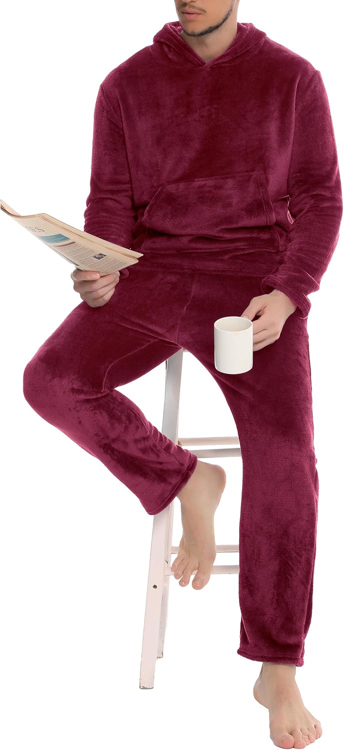 Detalle de Lovasy men’s fleece pyjamas set (2-piece) with fluffy hoodie – warm winter loungewear