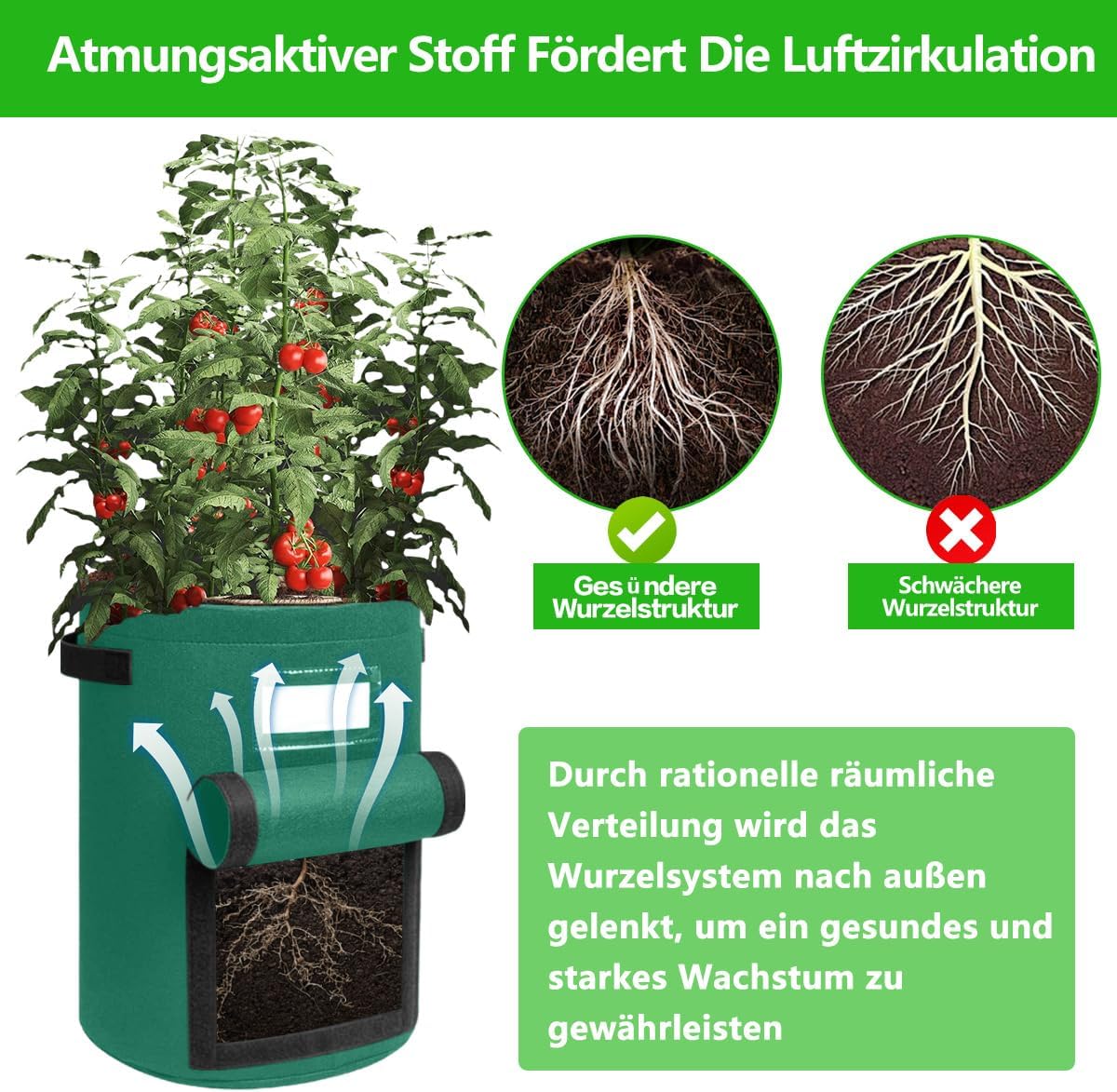 Detalle 2 de Airminti Kartoffel Pflanzsack 50L im 3er Set – Premium Vliesstoff mit Erntefenster, Pflanzmatte & verstärkten Griffen