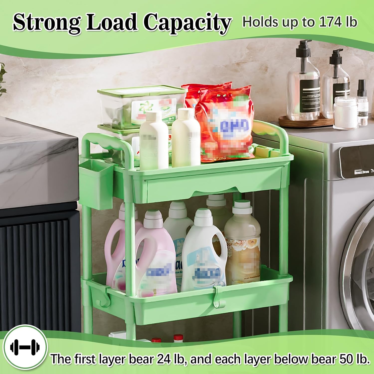 Detalle 1 de SUNALLY 3-Tier Rolling Cart with Drawer, Green, 4 Swivel Wheels