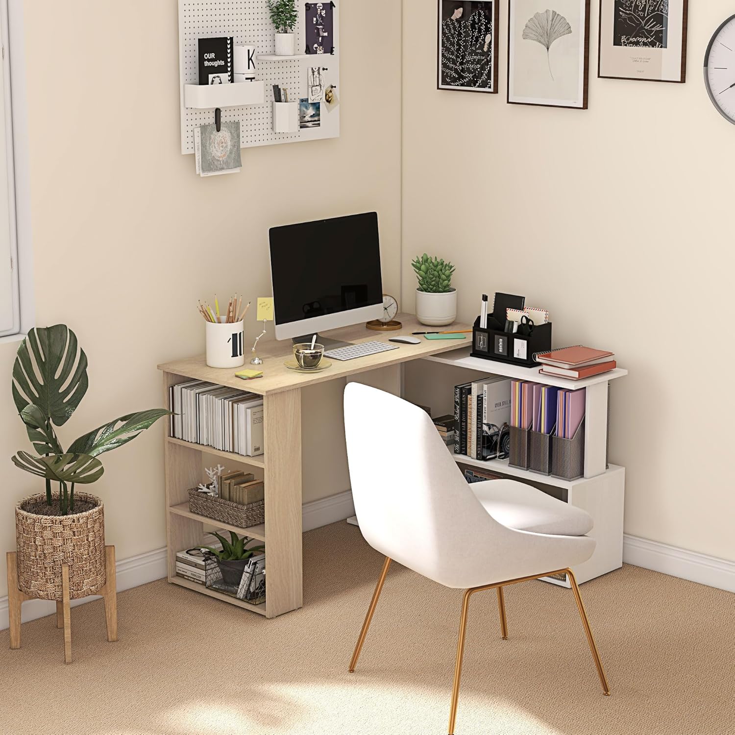 Detalle 2 de HOMCOM Bureau d'angle Table de Salle à Manger avec Rangement modulable et bibliothèque intégrée (Blanc et Bois naturel)