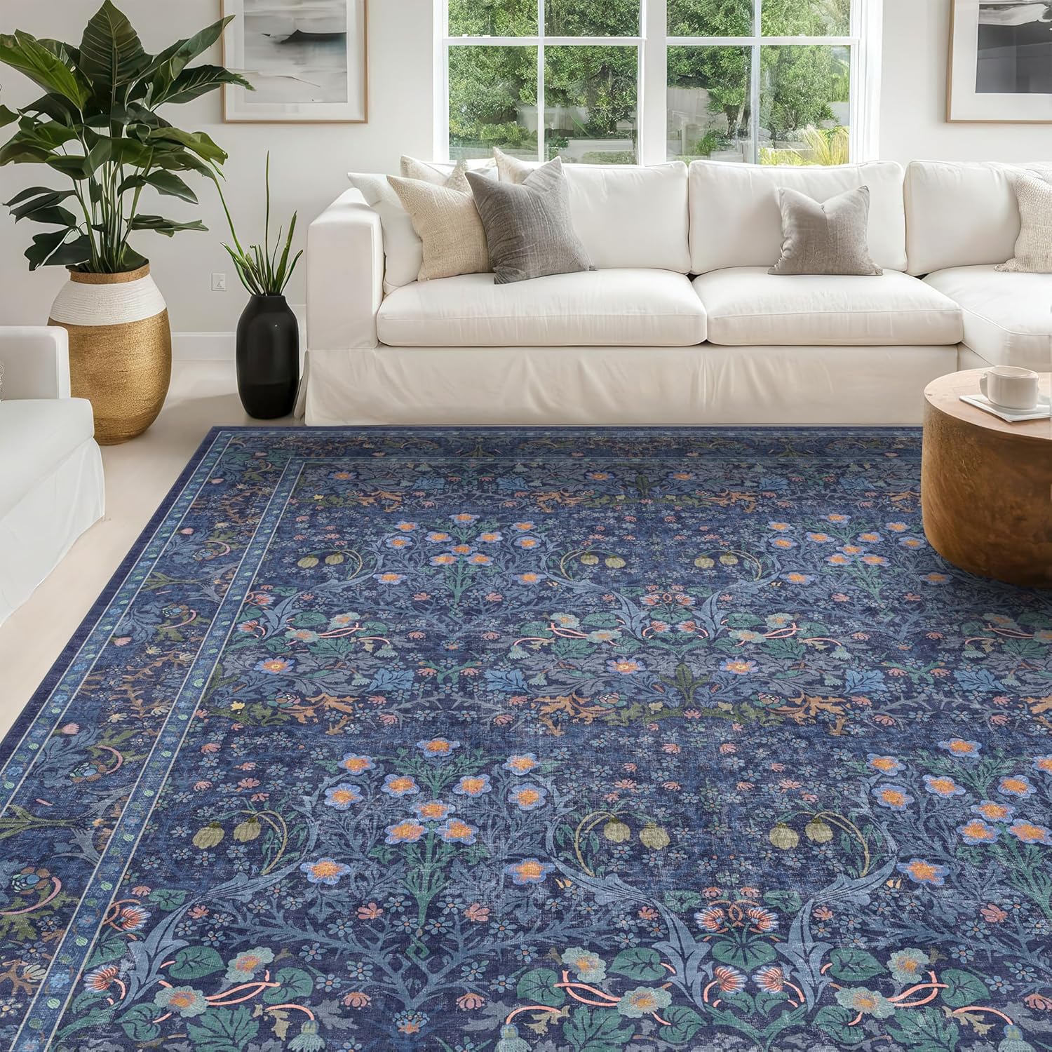 Thumbnail 4 de Hazo Haus Washable Dark Blue Rug (10x14) – Vintage Floral, Non-Slip, Machine-Washable