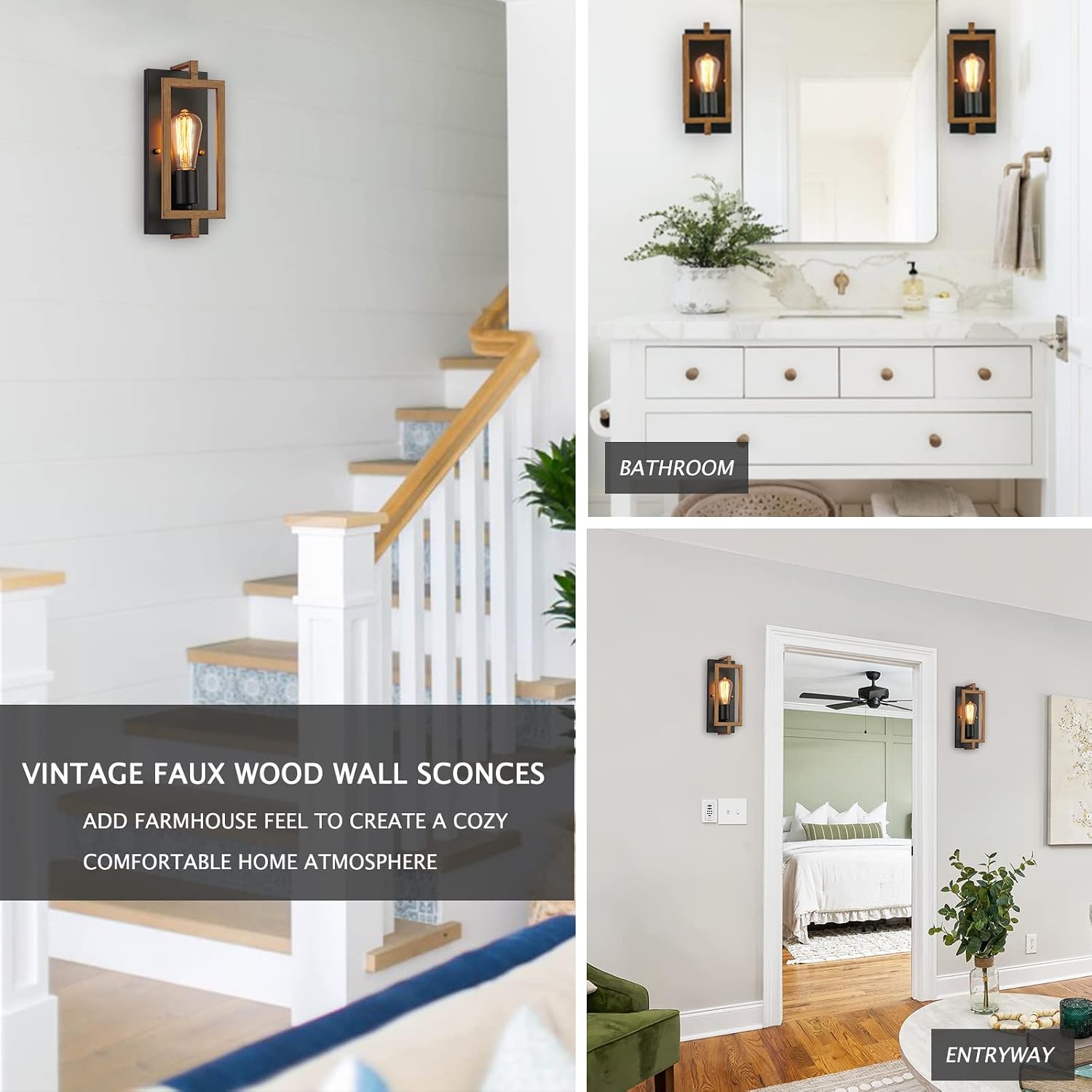 Thumbnail 6 de Capslpad T15MW06 Industrial Wall Sconces, Set of 2, Metal Wood-Grain Finish