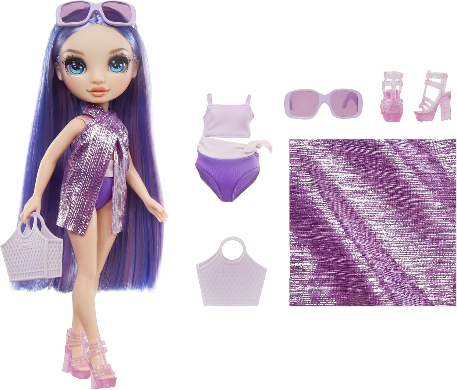 Detalle 2 de Rainbow High Swim & Style 507314-EUC – lalka Violet 28 cm z chustą do stylizacji