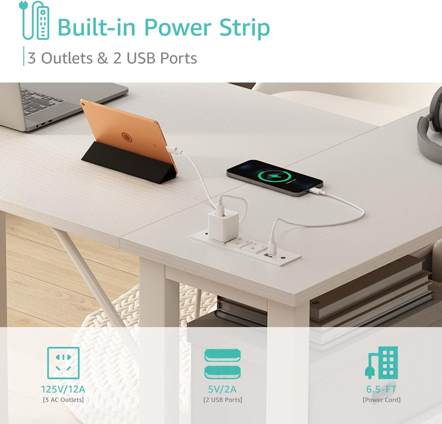 Thumbnail 5 de Lufeiya LFY-L4D47-White L-Shaped Desk with 4 Drawers and Power Strip