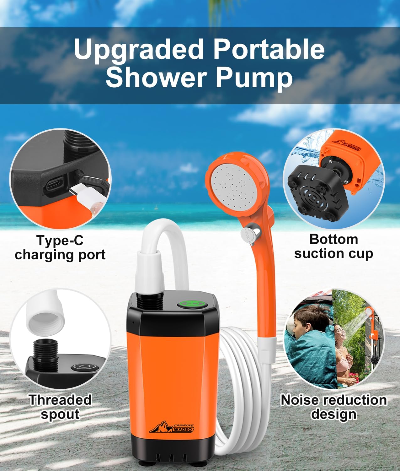 Detalle de WADEO A21 draagbare campingdouche met 6.000 mAh-accu en 3 standen