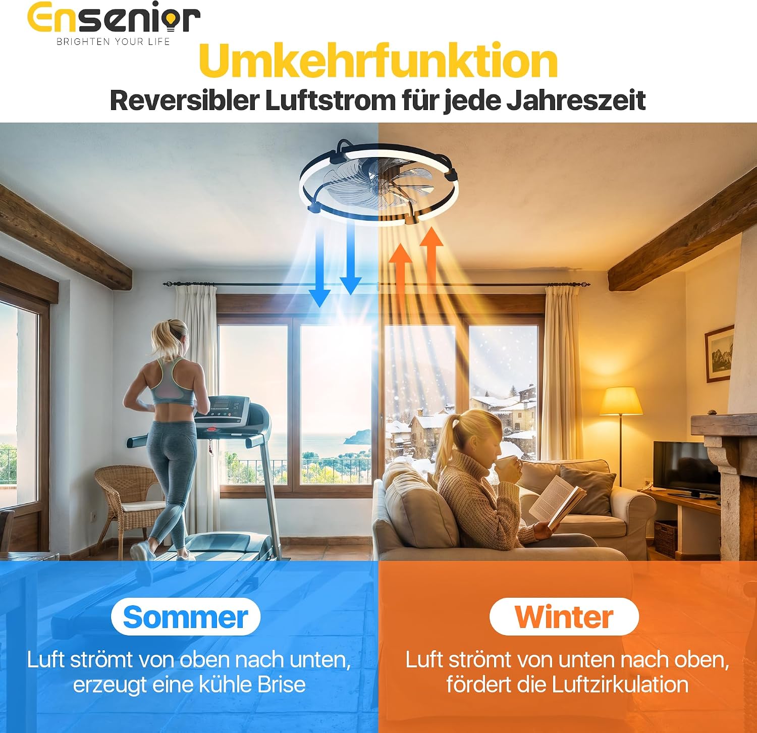 Thumbnail 4 de Ensenior Deckenventilator mit Beleuchtung – 50 cm, flaches Design, 6 Stufen, dimmbares Licht, Fernbedienung und App-Steuerung