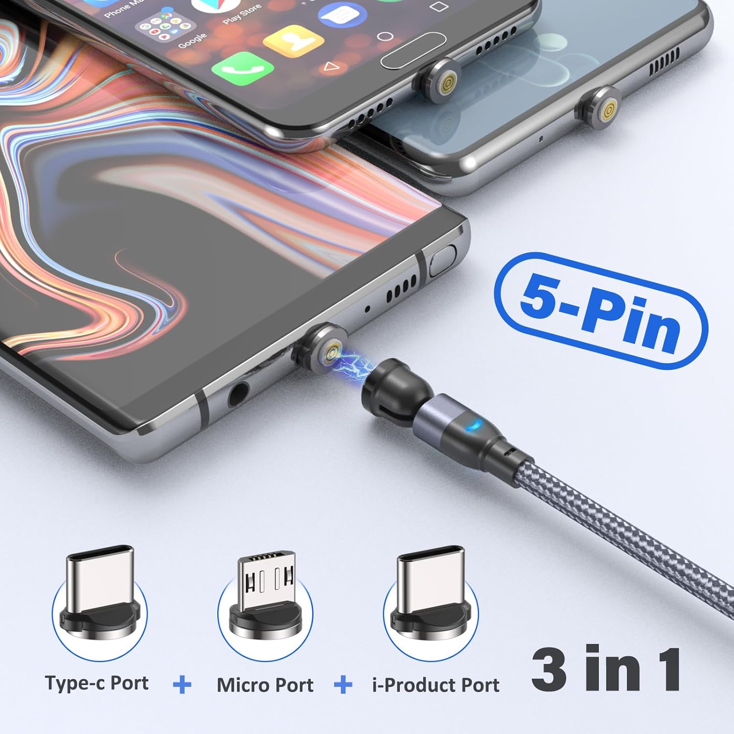Thumbnail 4 de TUNKIA 5Pin Magnet Ladekabel – 3‑in‑1 magnetisches USB‑Kabel (4 Stück, 0,5–3 m) mit 360°/180° drehbarem Kopf