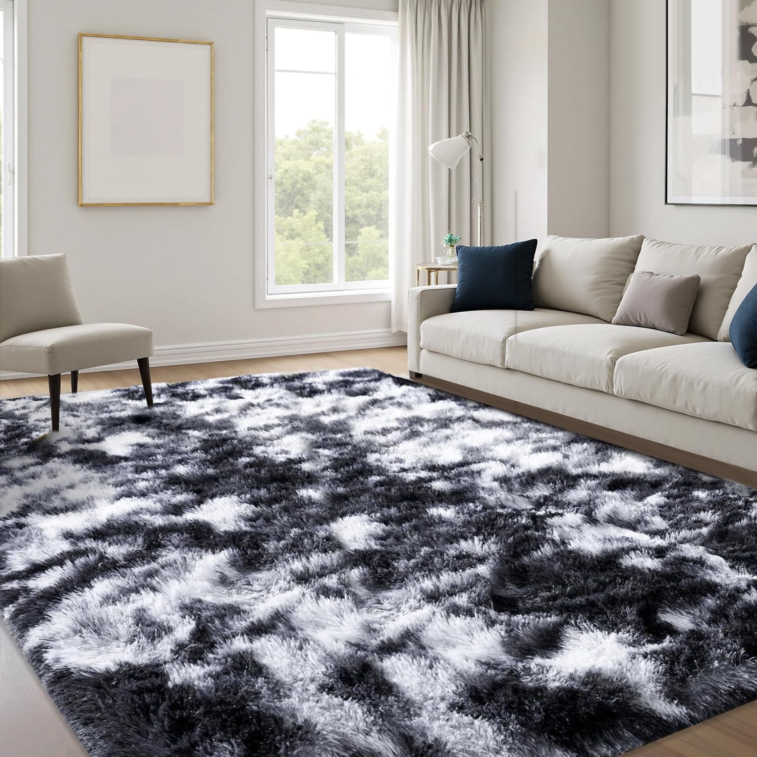Detalle de JOYARR JYAR01 hoogpolig vloerkleed 120 x 170 cm, zwart-witte tie-dye