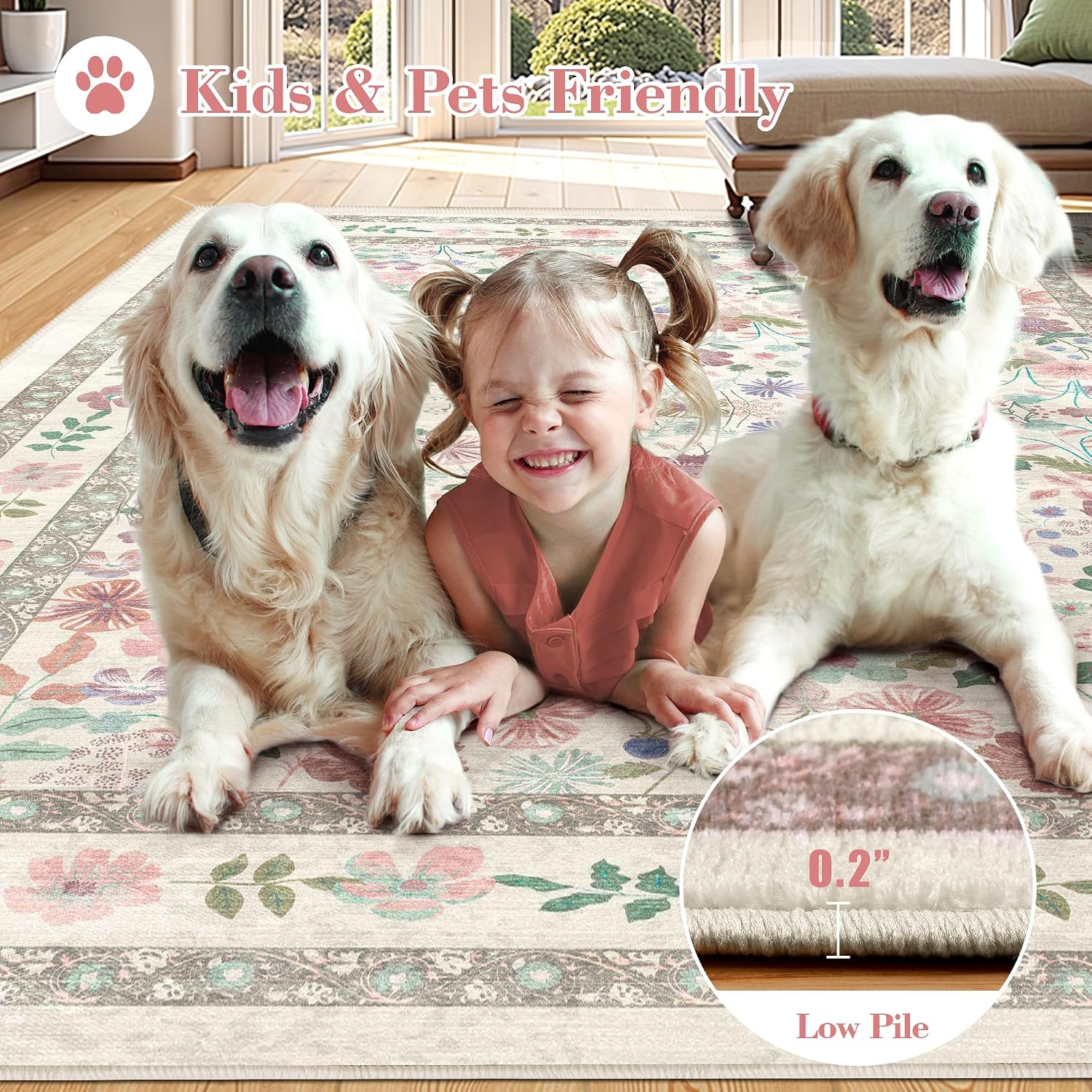 Detalle de Deerly 2' x 6' Floral Runner Rug, Washable Low-Pile Faux Wool