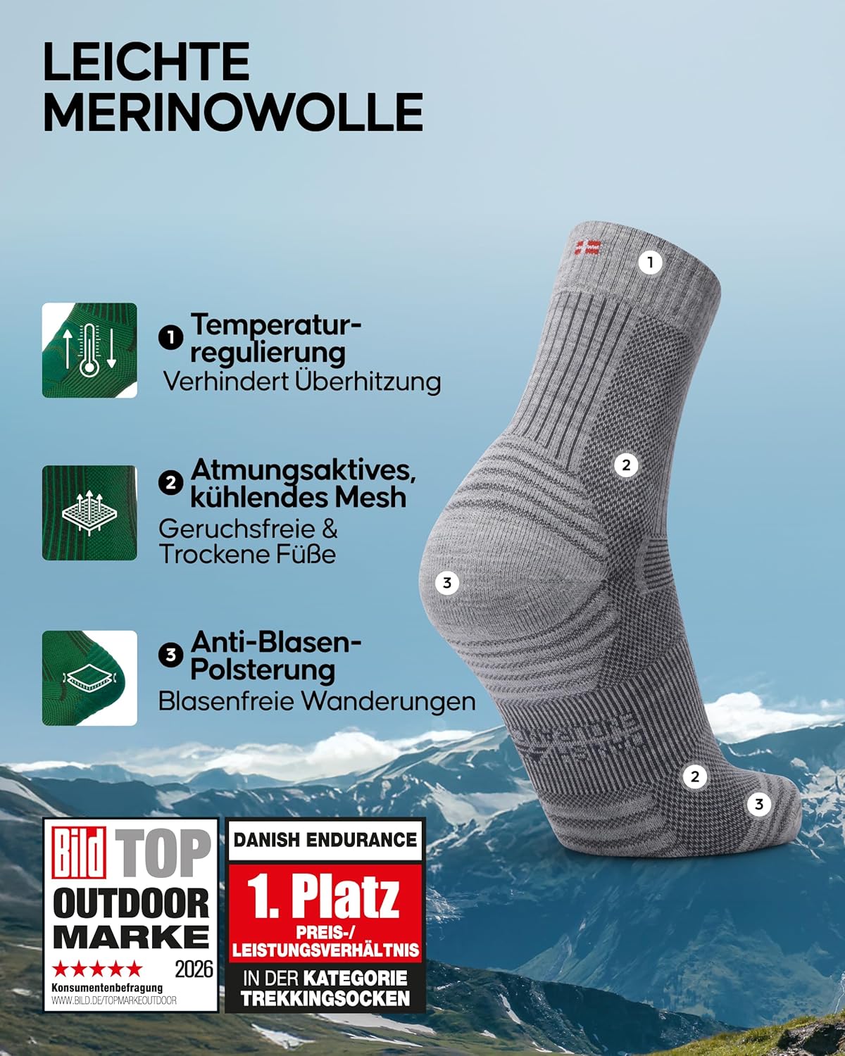 Detalle 2 de DANISH ENDURANCE Leichte Merino Wolle Wandersocken – Gepolstert, Anti-Blasen, Unisex