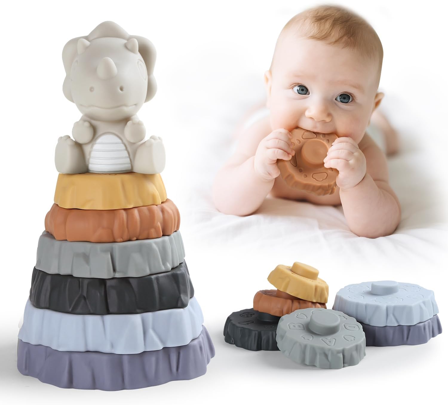 Yrkidstoi Stacking & Nesting Baby Toy: 7‑Piece Soft Ring Stacker with Dinosaur