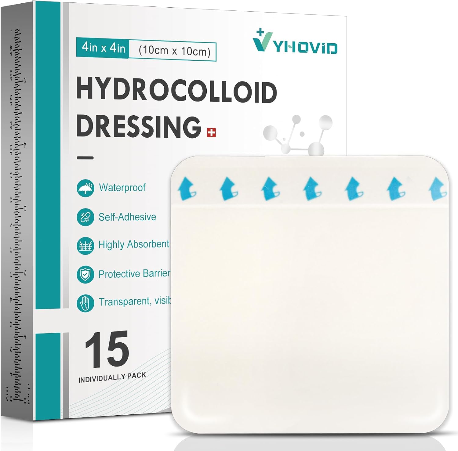 Detalle de YHOVID 15-Pack Hydrocolloid Wound Dressings, 4" x 4", Sterile and Waterproof