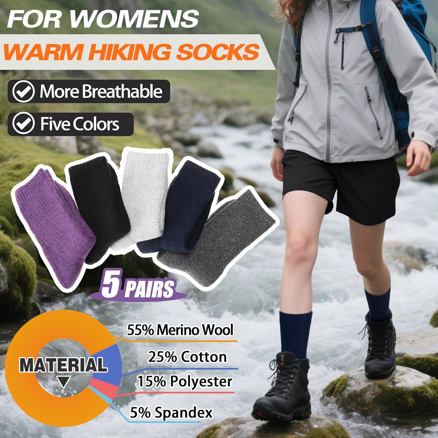 Thumbnail 4 de Sandsuced Womens Merino Wool Thermal Socks 5 pairs