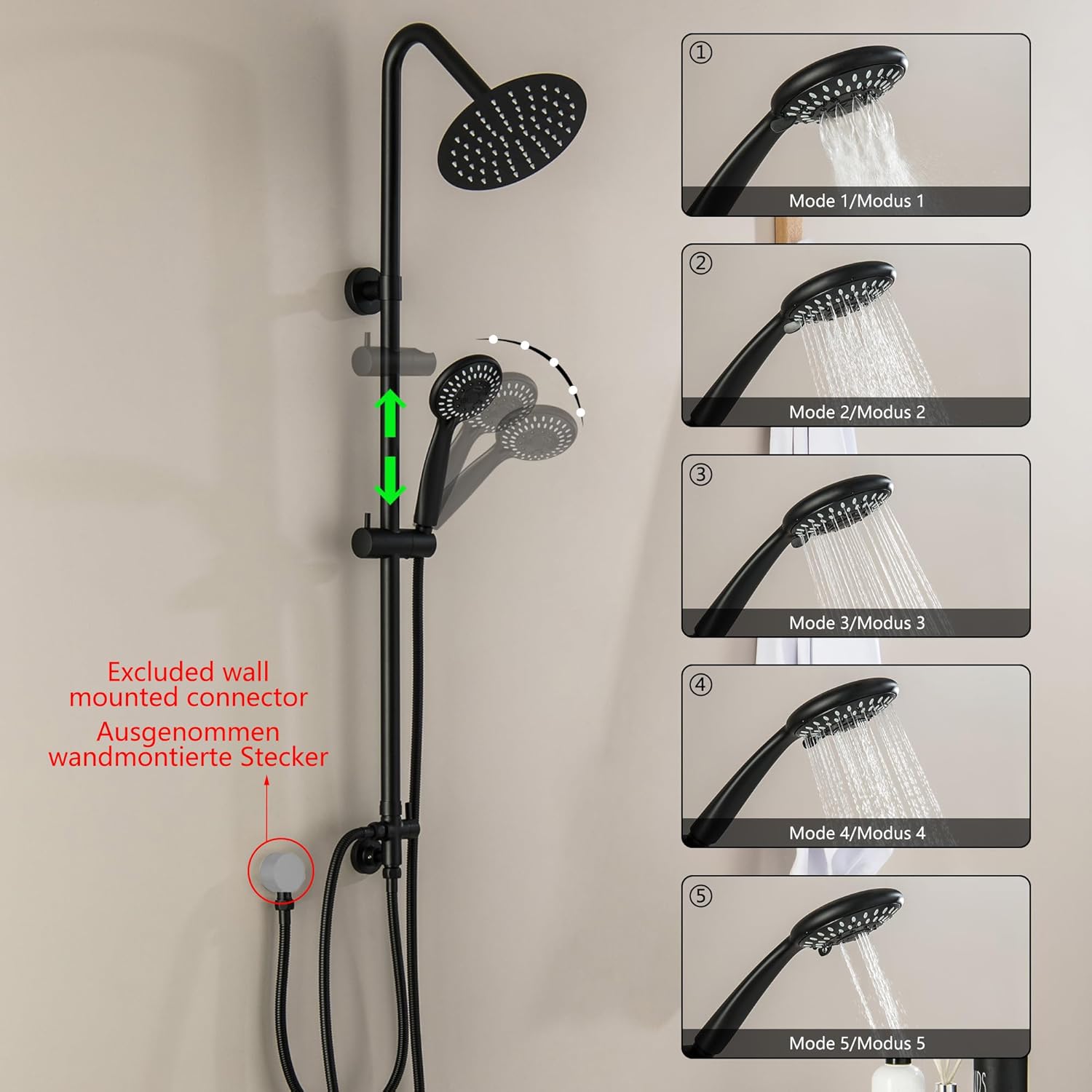 Thumbnail 2 de BAITUJIE Duschset schwarz – 2 in 1 Duschsystem mit großer Regendusche (20x20 cm) & Handbrause, komplettes Montageset