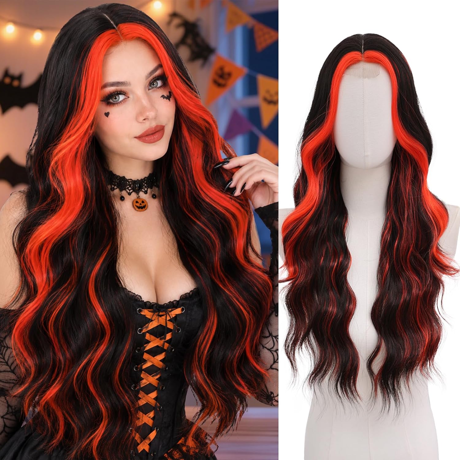 Detalle de NAYOO 26-Inch Black and Red Wavy Synthetic Wig for Women