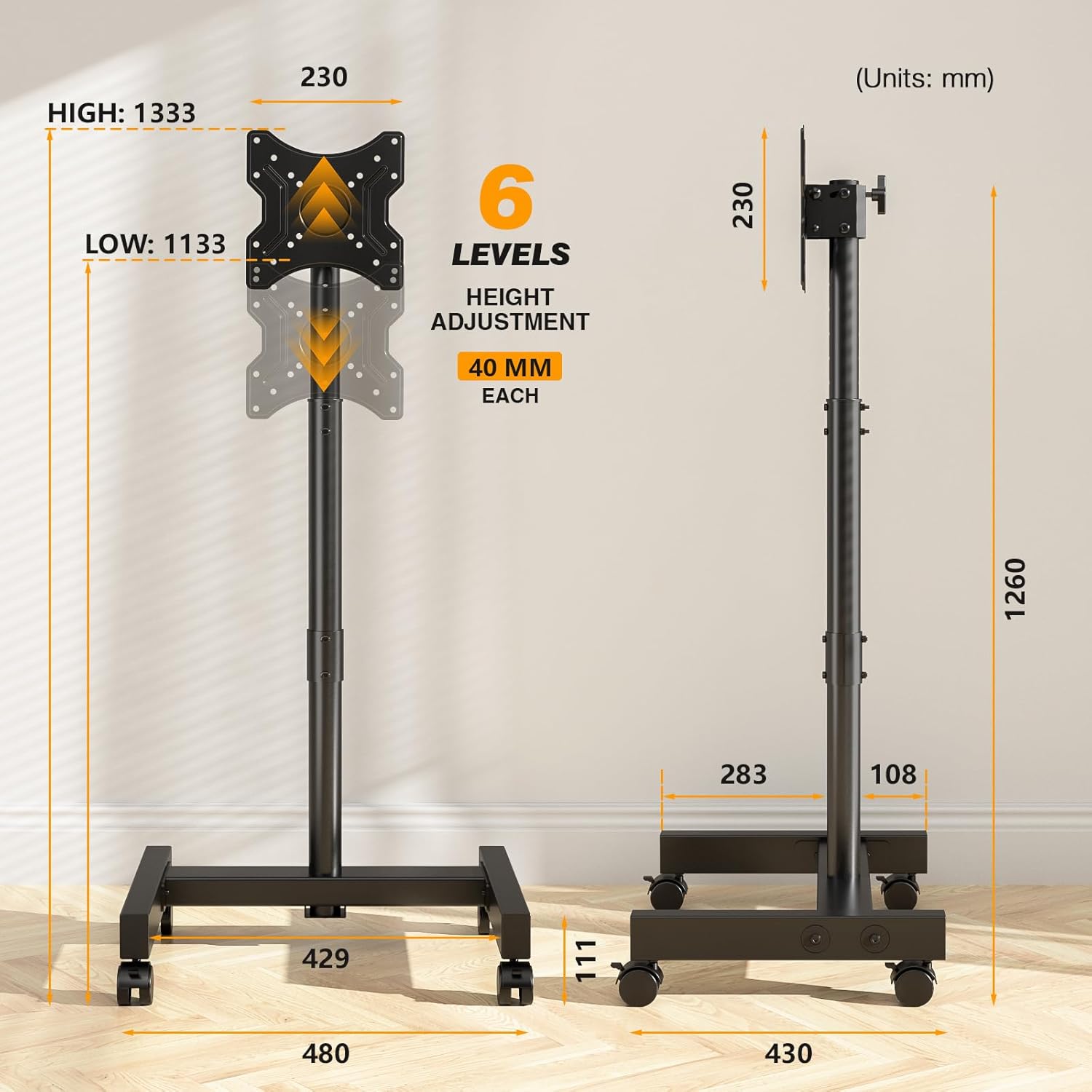 Thumbnail 4 de TVON Support TV sur pied à roulettes avec rotation 90° et inclinaison (VESA jusqu’à 200x200) pour télé de 13 à 50 pouces