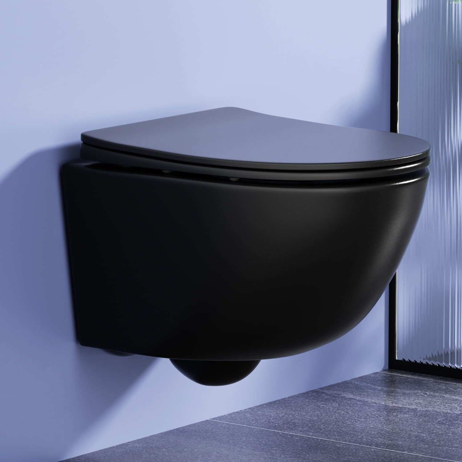 Detalle de Rainsworth Wand-WC Spülrandlos – Hänge Toilette mit kraftvoller Spülung, Absenkautomatik und Schnellverschluss, Schwarz, 48,5 cm