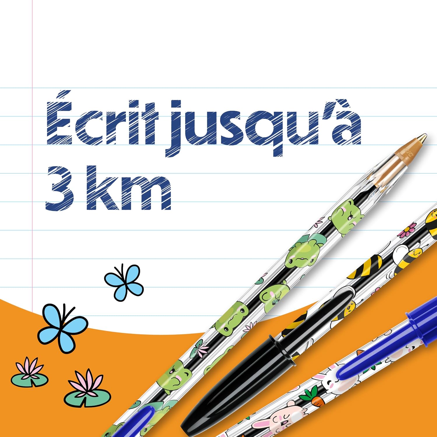 Detalle de BIC Cristal Décors Kawaii – Stylos-bille à pointe moyenne (1,00 mm), Bleu et Noir, Pack de 8