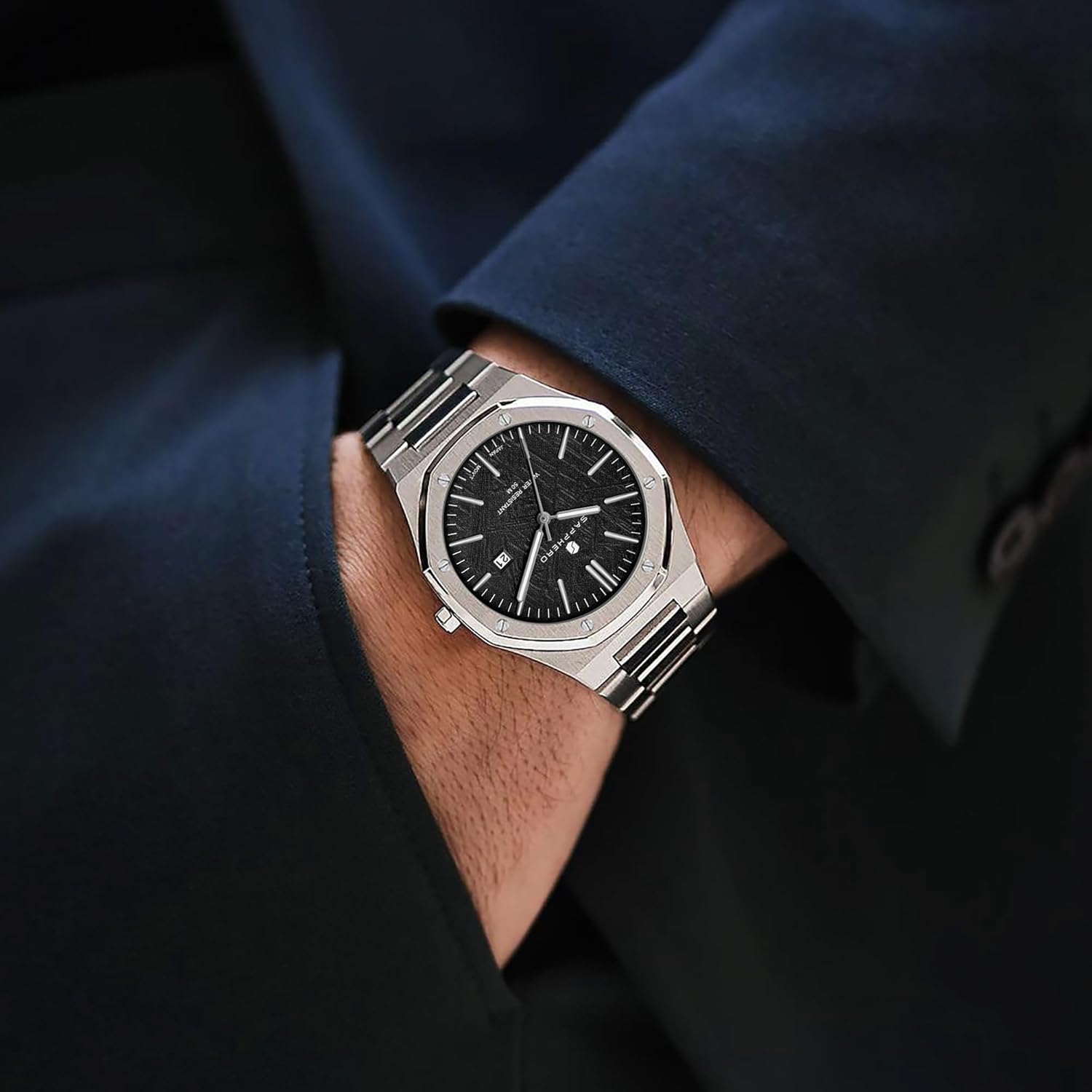 Thumbnail 3 de SAPPHERO Orologio Uomo Impermeabile 50M al Quarzo Argento con Cinturino in Acciaio e Calendario Nero/Blu