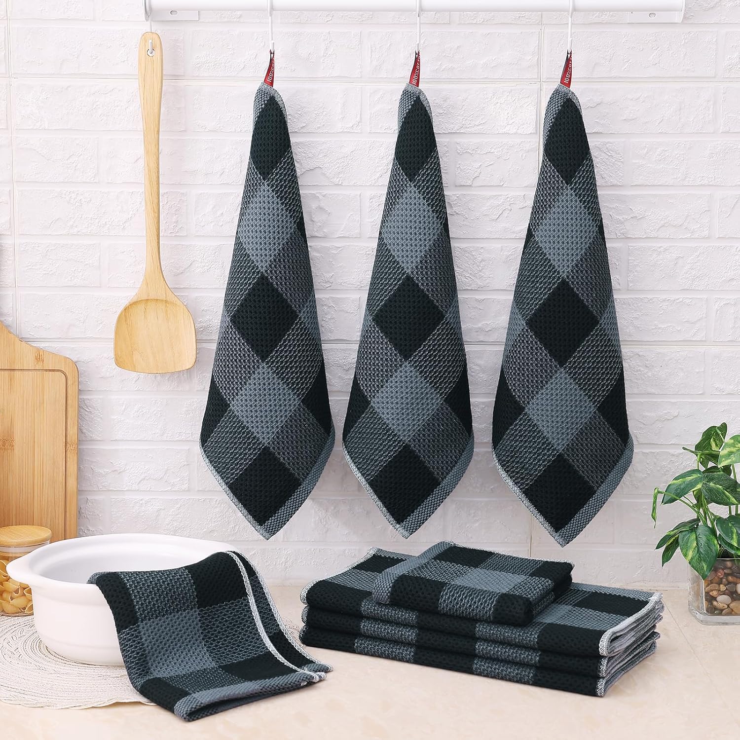 Thumbnail 5 de Homaxy Kitchen Towels and Dishcloths Set (8-Pack) – 100% Cotton Waffle Weave, Black & Grey
