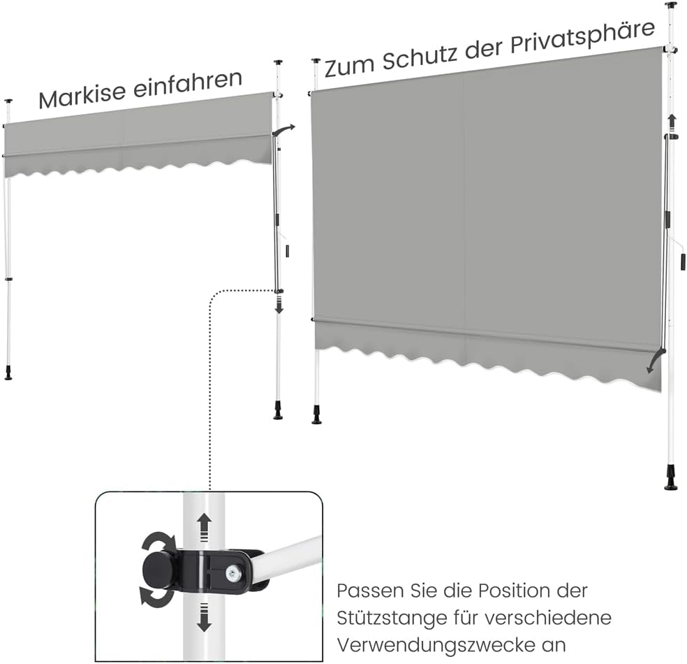 Thumbnail 5 de Yaheetech Klemmmarkise 300 cm breit mit Handkurbel – Balkonmarkise ohne Bohren, höhenverstellbar (210–300 cm) in Hellgrau
