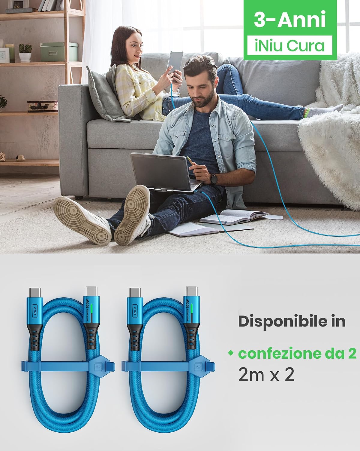 Thumbnail 6 de INIU USB C auf USB C Kabel 100W, 2m+2m blau