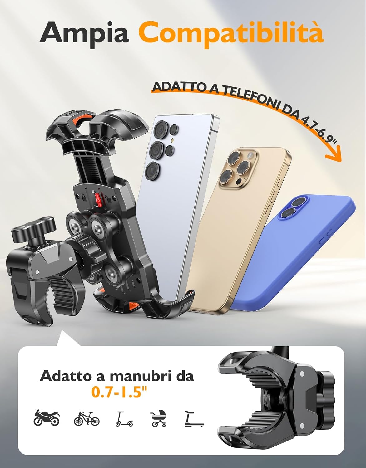 Thumbnail 5 de Rolgno Porta Cellulare Moto — Supporto manubrio 360° con assorbimento Vibrazioni e installazione senza attrezzi