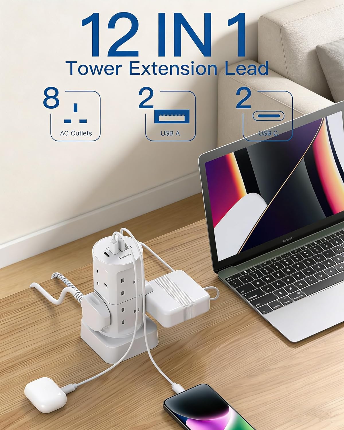 Thumbnail 1 de Addtam 5M Tower Extension Lead with USB Slots (8 x AC, 4 USB) – 13A 3250W