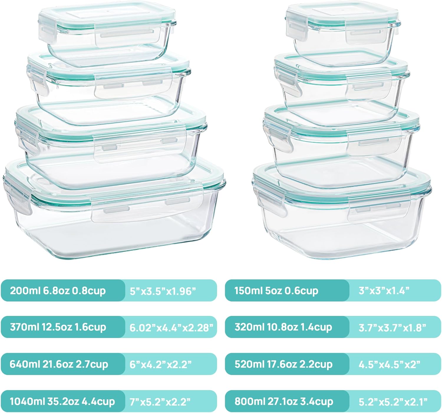Detalle 2 de Vtopmart set de 8 recipientes de cristal para alimentos (herméticos, apilables y reutilizables)