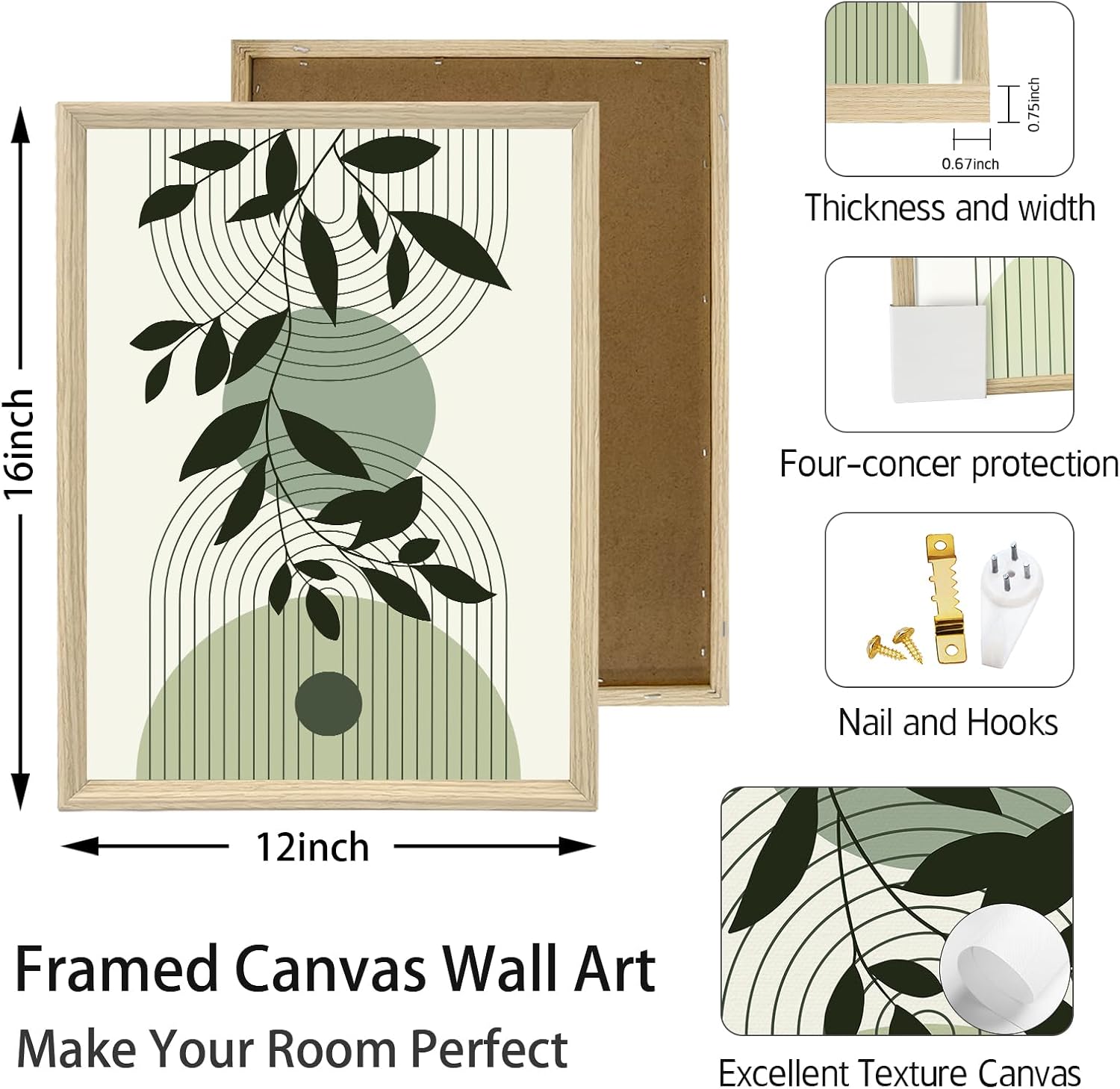 Thumbnail 5 de FajerminArt Boho Grün Blatt Leinwandbilder 3er Set