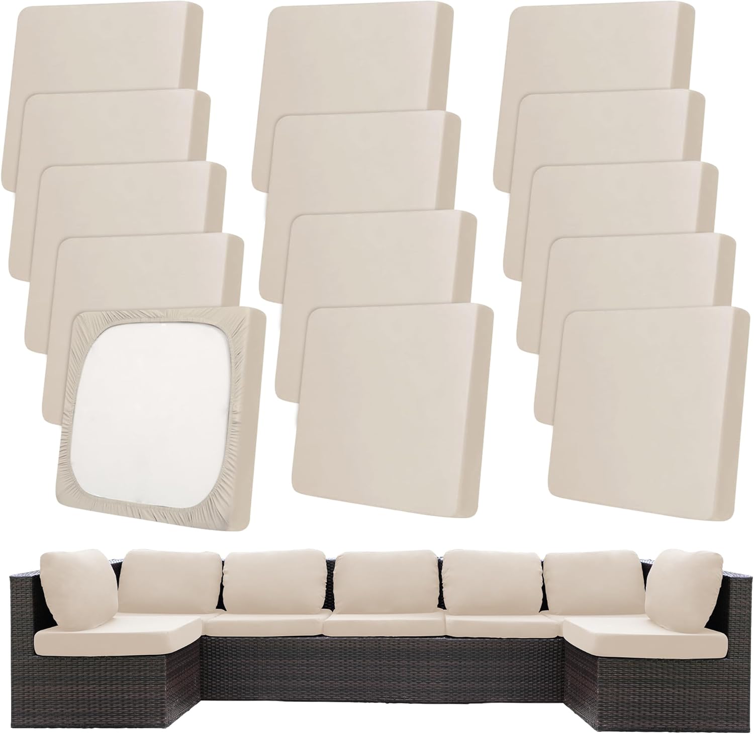 MRGSDL 14-Pack Stretch Patio Cushion Covers (Beige) — Washable Outdoor Sofa Replacement Covers