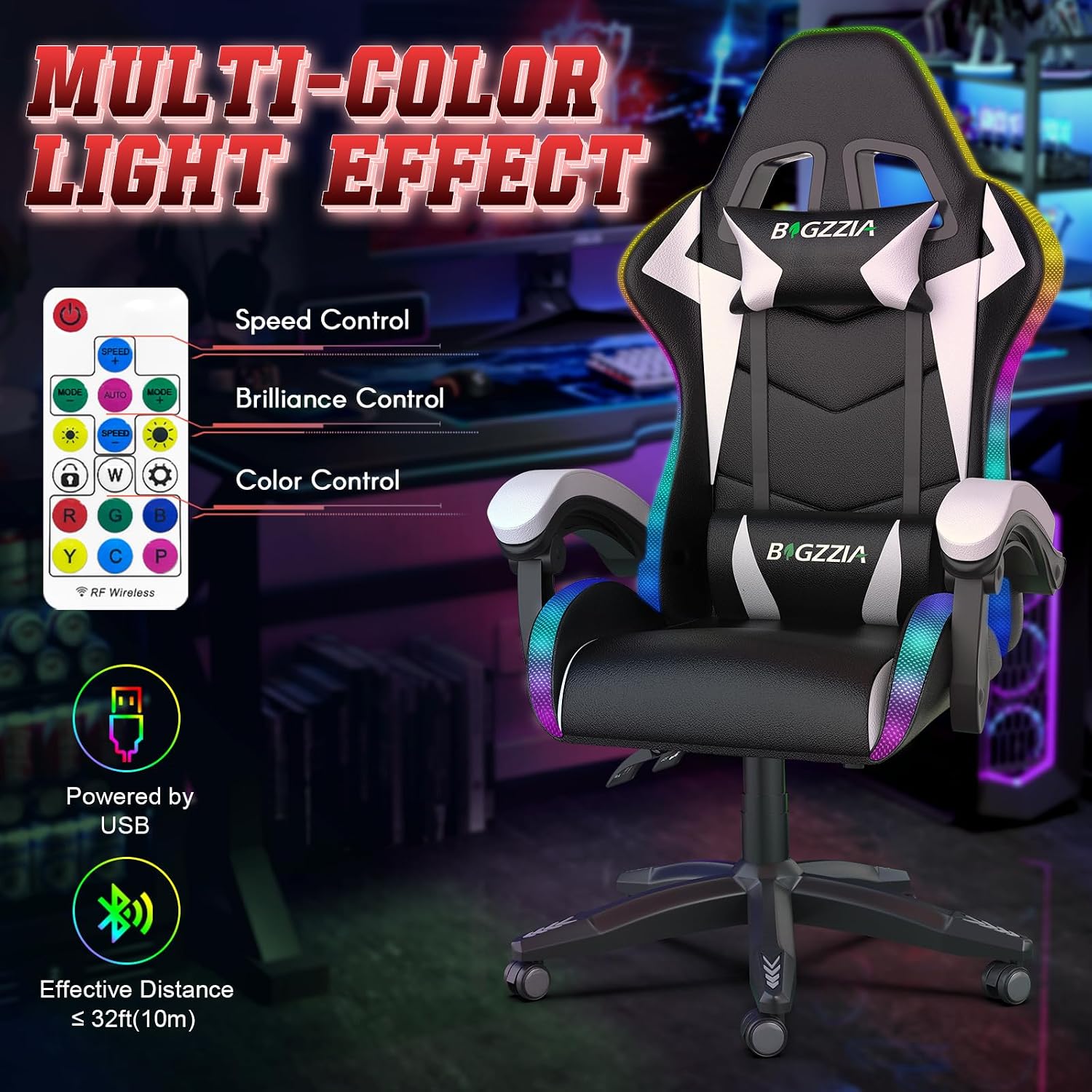 Detalle de Racingreat LED Gaming Stuhl mit RGB-Lichtleiste, Kopfstütze & Lendenwirbelstütze (90°–135°) – weiß