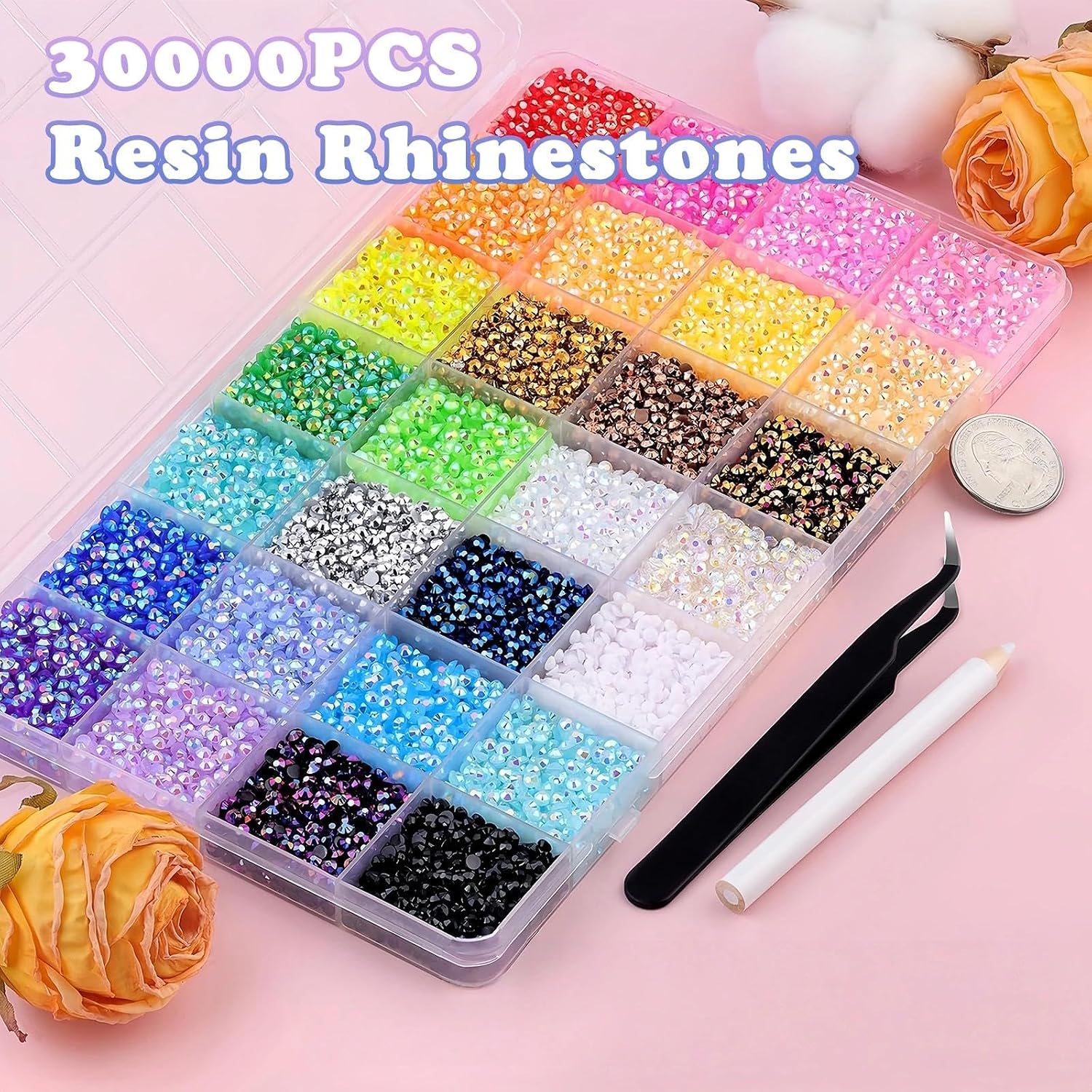 Detalle de UniiWeel 30000pcs Bedazzling Kit: Nail Art Rhinestones in 28 Colours (3mm Flatback) with Tweezers, Adhesive & Pen