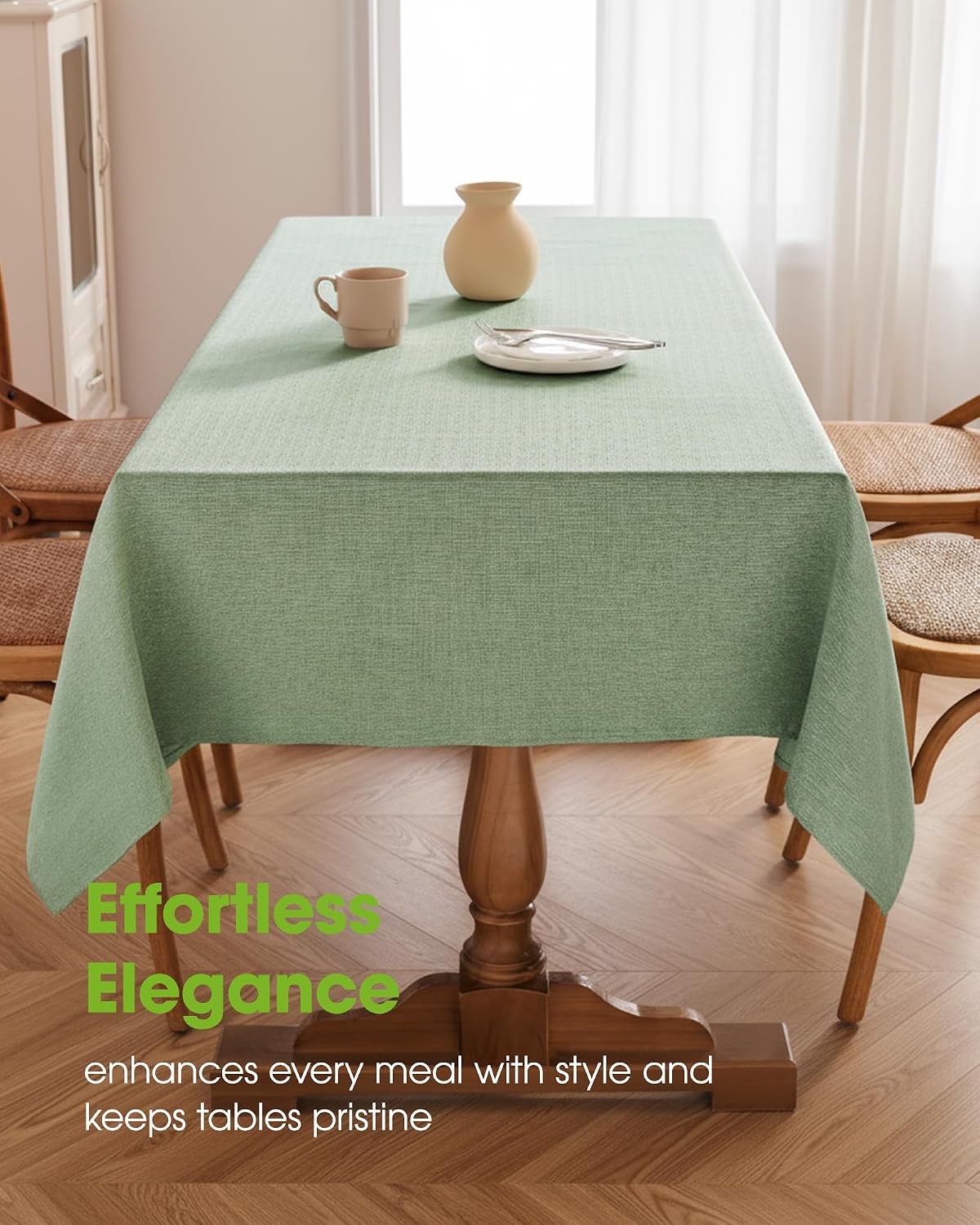 Detalle de Pureegg Rectangle Linen Tablecloth (Waterproof & Stain Resistant, Wrinkle-Free) — Sage Green, 52 x 70 Inch