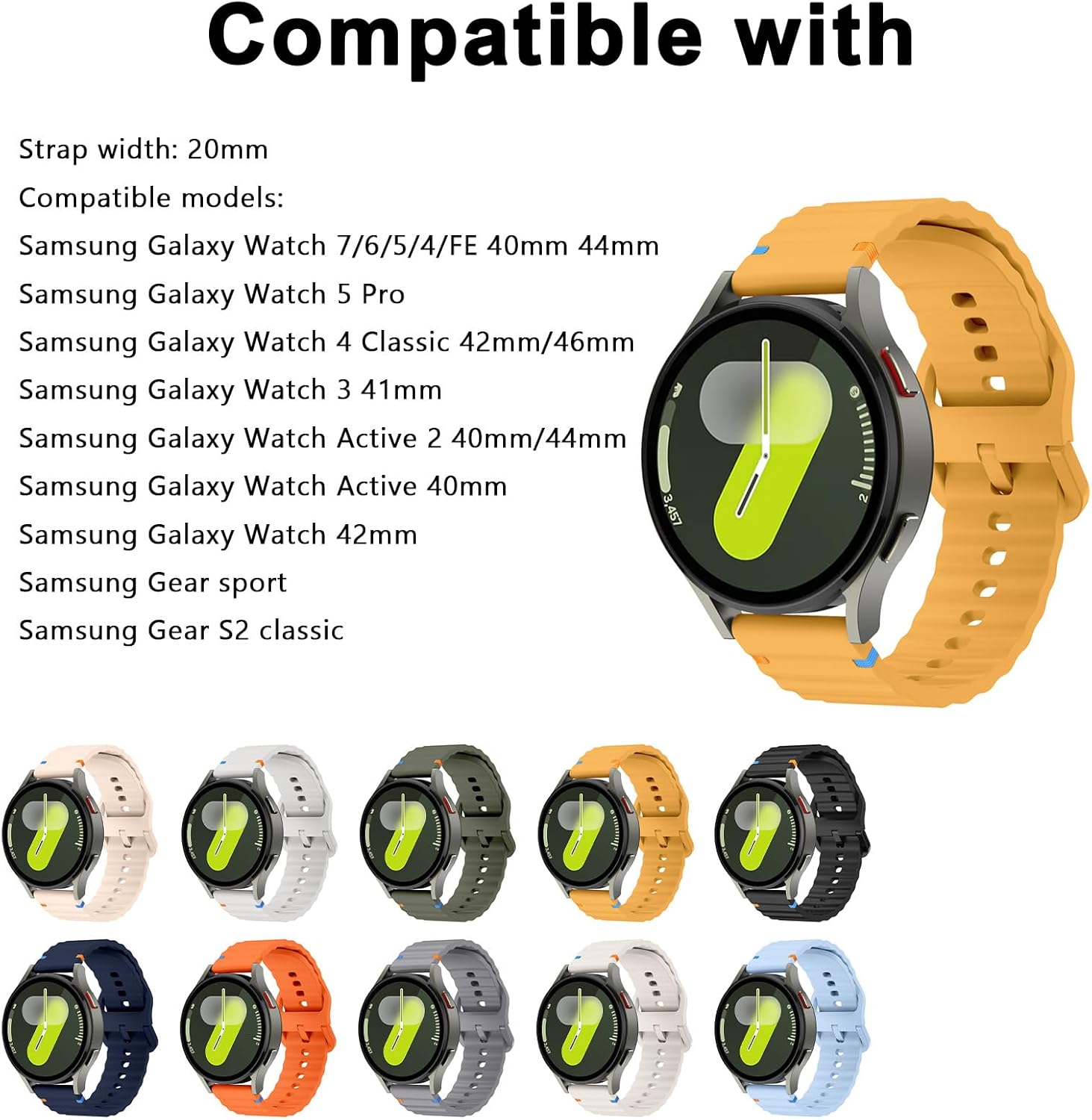 Detalle de Aieero Silicone Sport Band for Samsung Galaxy Watch 4/5/6/7 and FE: 20mm Quick-Release Strap
