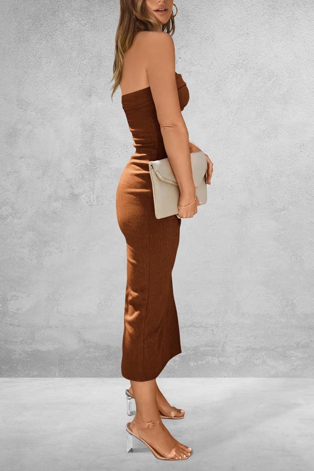 Detalle 2 de PRETTYGARDEN Strapless Ribbed Bodycon Maxi Dress with Side Slit