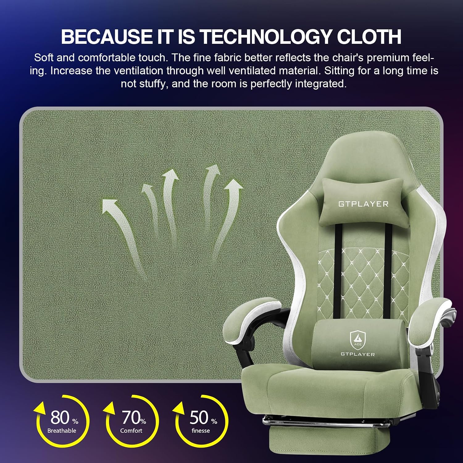 Detalle 1 de GTPLAYER LR008 Ergonomic Gaming Chair with Footrest, Reclining, Green