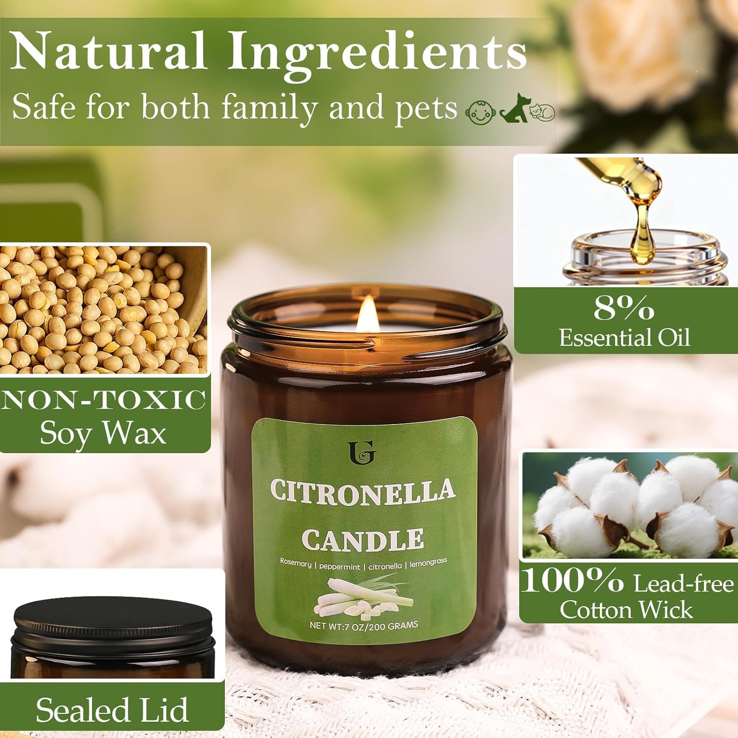 Detalle de Citronella Candles Outdoor: Large 7oz Lemongrass Soy Jar (2-Pack) for Patio, Garden, and Camping