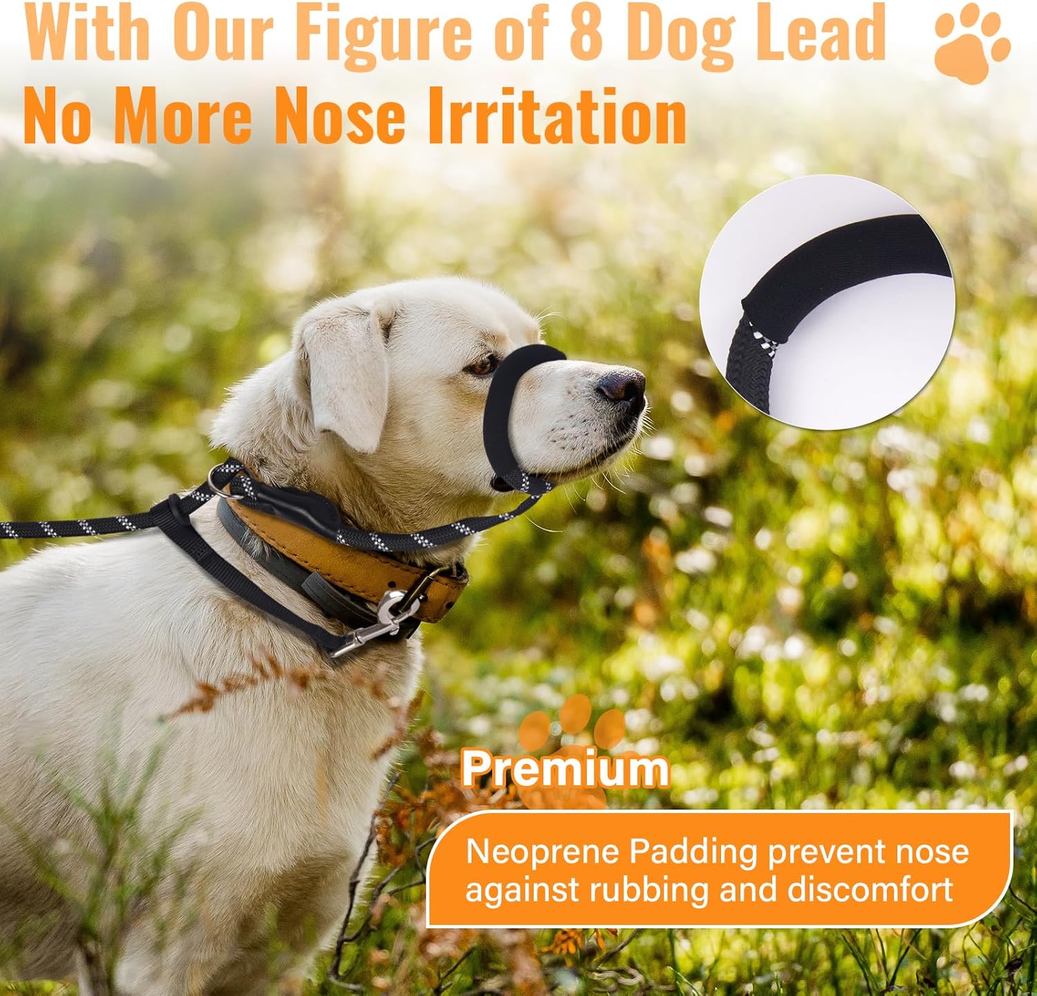 Thumbnail 2 de Loutep Figure of 8 Anti-Pull Dog Lead (187cm) with Soft Padded Nose & Reflective Stitching – Black