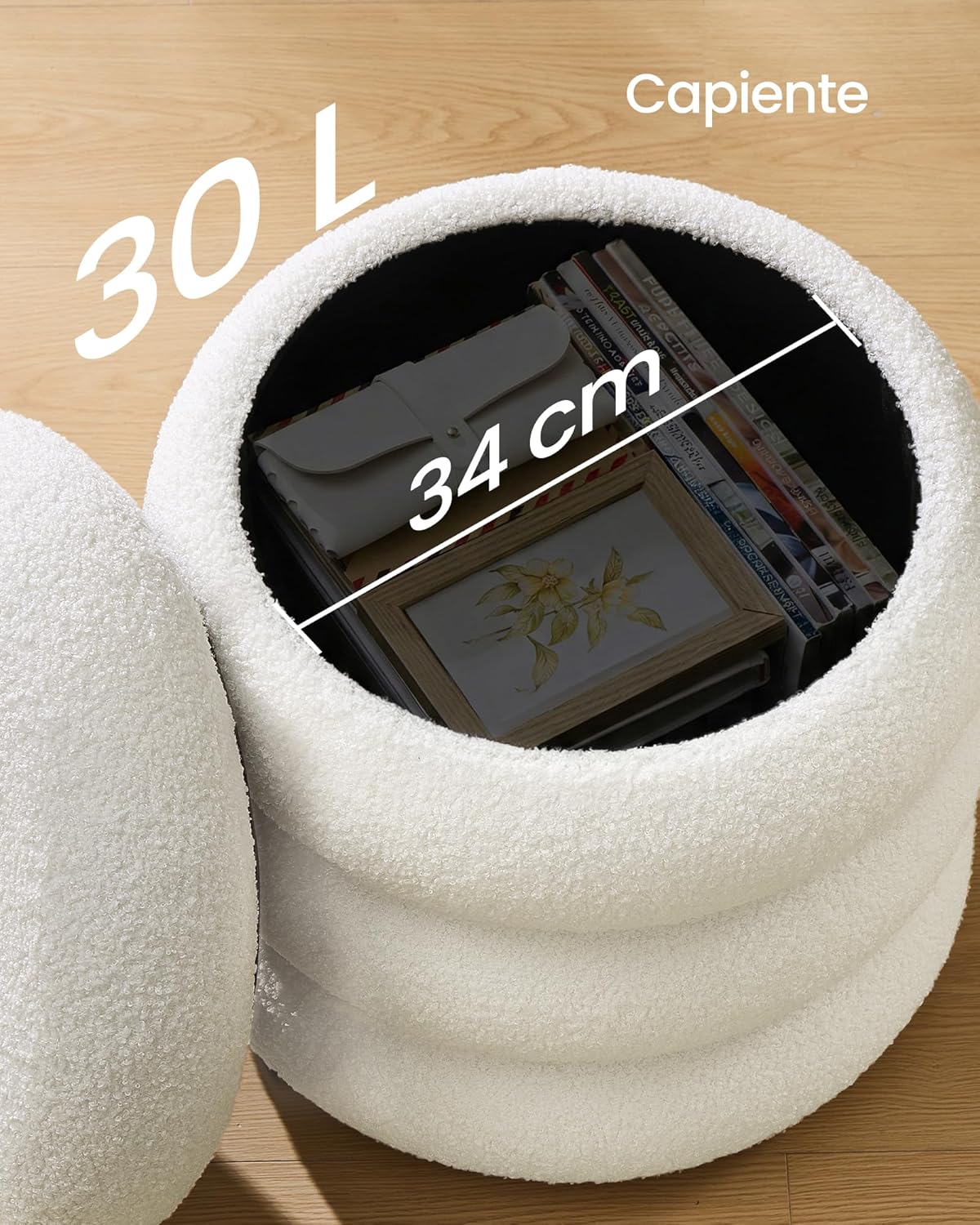 Detalle de SONGMICS Sgabello Trucco LOM015WD01: pouf contenitore rotondo imbottito con coperchio rimovibile