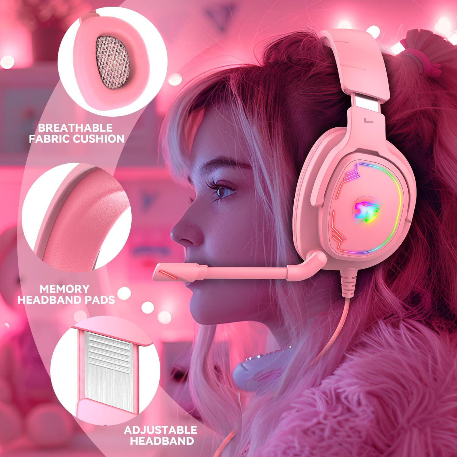 Detalle de Jimonyer Gaming Headset for PC, PS4, PS5, Xbox One, Xbox Series, and Switch (3.5mm) — Pink with RGB, Stereo Surround & Noise-Canceling Mic