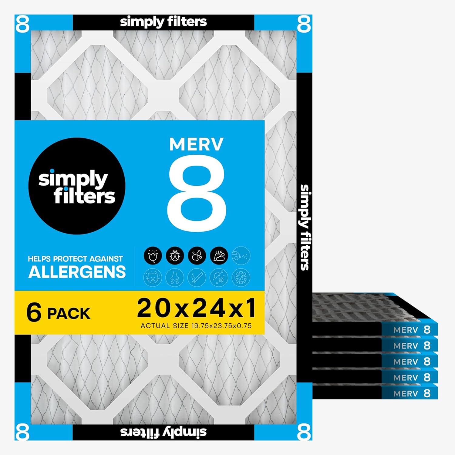 Detalle de Simply Filters 6-pack: 20x24x1 MERV 8 Air Filters (Actual 19.75x23.75x0.75) for Home HVAC