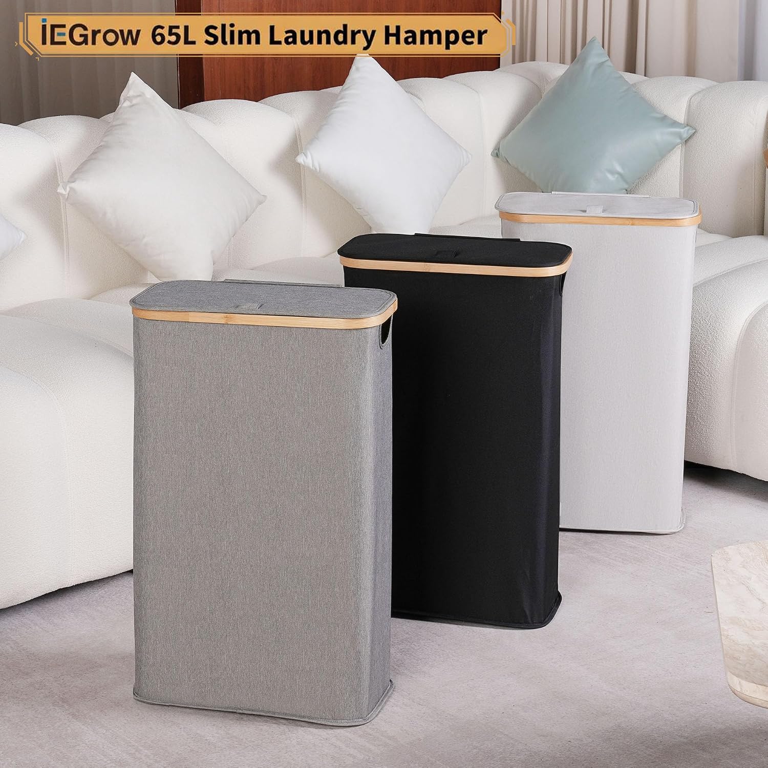 Thumbnail 6 de iEGrow 65L Slim Washing Basket with Removable Inner Bag, Bamboo Handle and Lid (Light Grey)