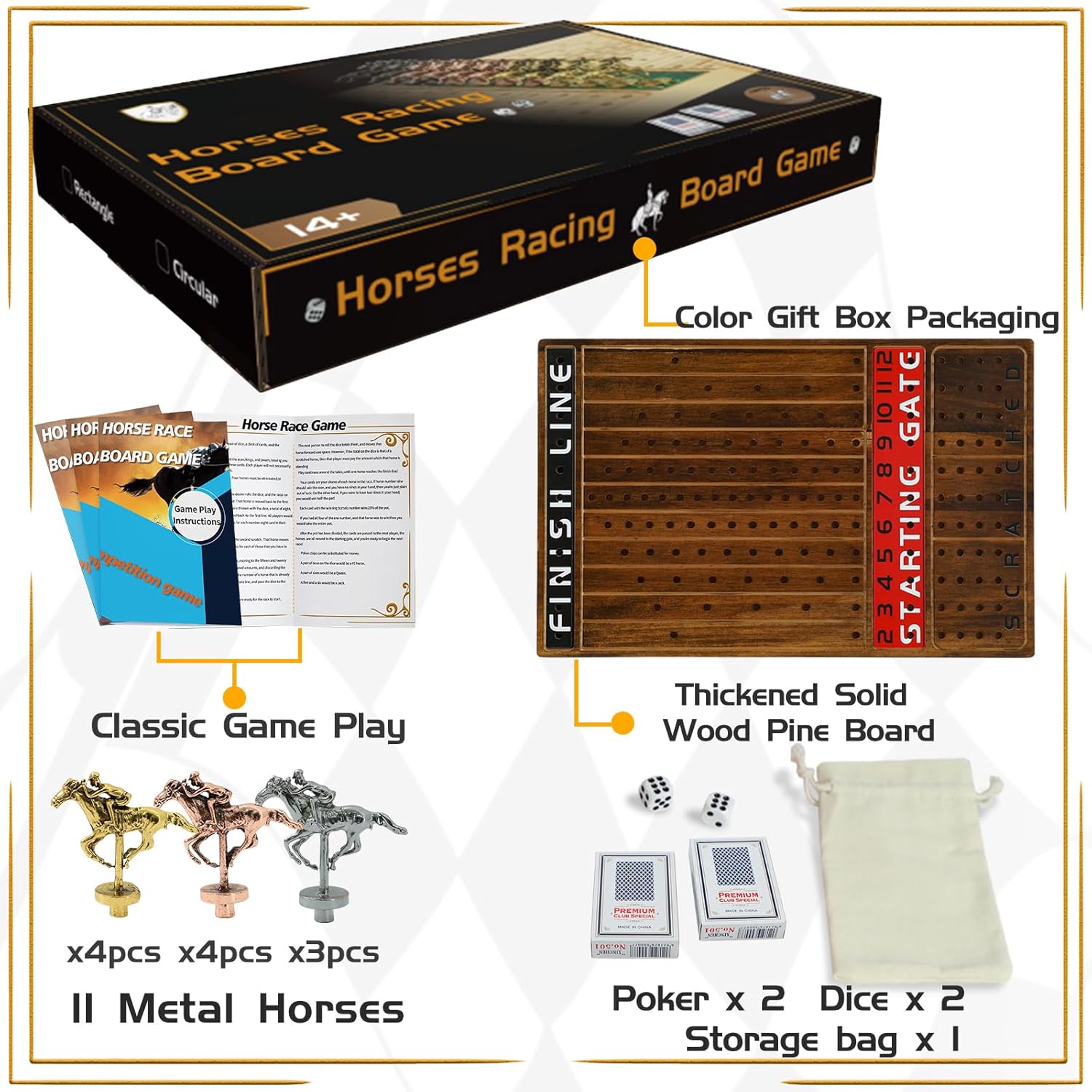 Thumbnail 1 de Jyquorp Horse Race Board Game (Rustic Brown) with 11 Metal Horses, 2 Dice, and Card Boxes